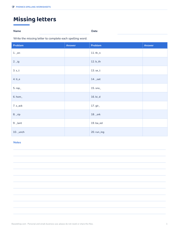 Preview of Missing Letters Spelling Worksheets