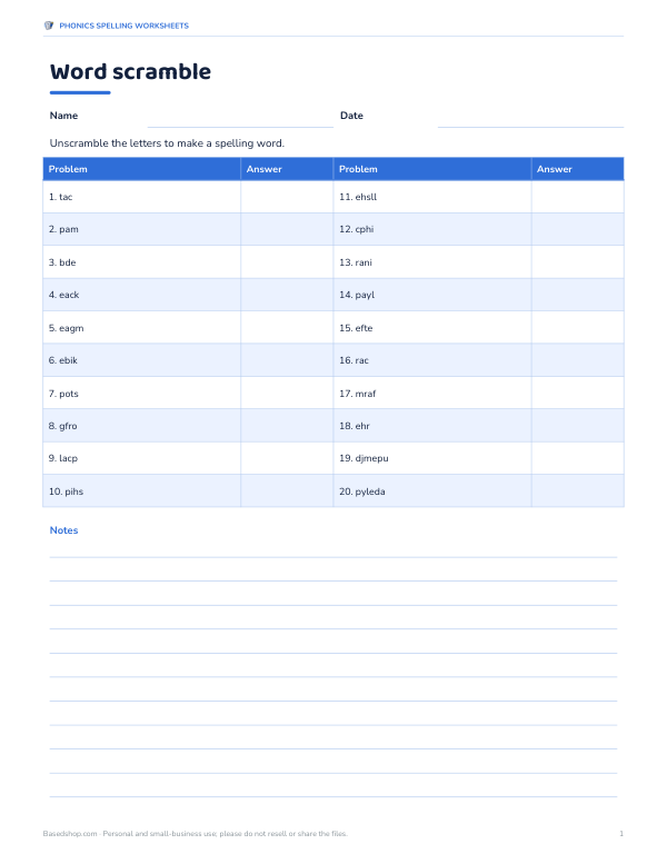 Preview of Word Scramble Spelling Worksheet